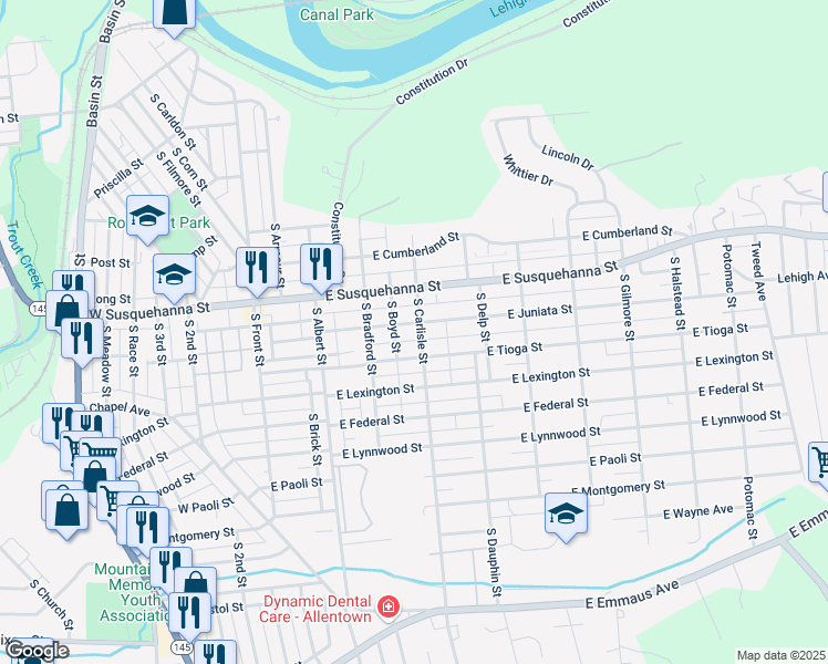 map of restaurants, bars, coffee shops, grocery stores, and more near 242 East Juniata Street in Allentown