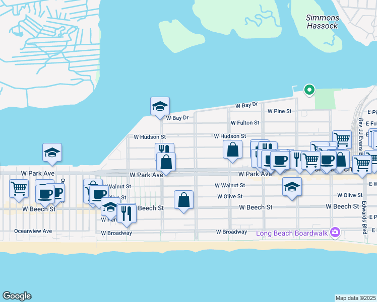 map of restaurants, bars, coffee shops, grocery stores, and more near 501 Washington Boulevard in Long Beach