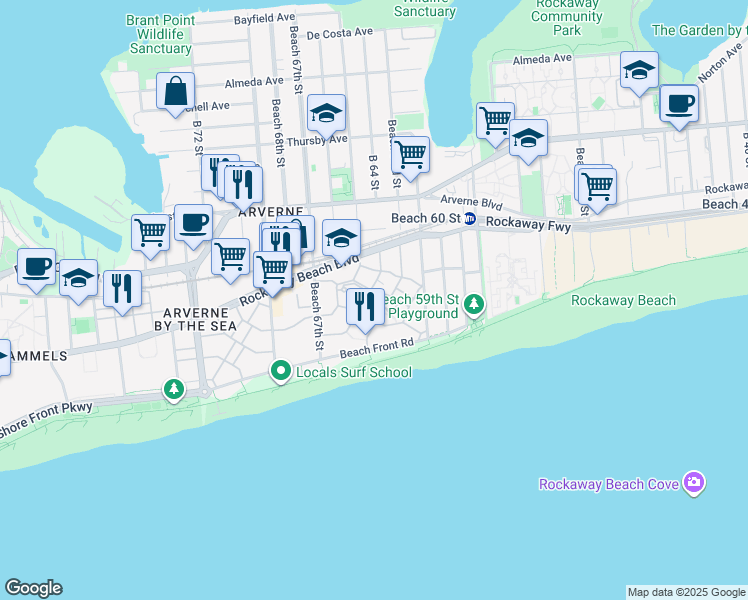 map of restaurants, bars, coffee shops, grocery stores, and more near 6411 Ocean Avenue North in Queens