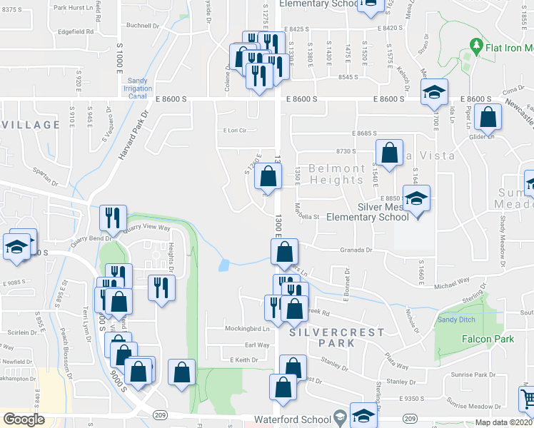 map of restaurants, bars, coffee shops, grocery stores, and more near 8885 S in Sandy