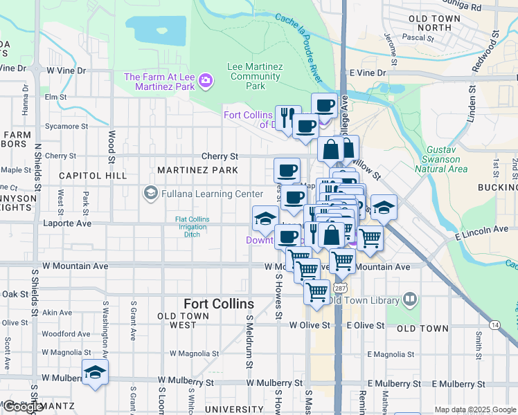 map of restaurants, bars, coffee shops, grocery stores, and more near 300 Laporte Avenue in Fort Collins
