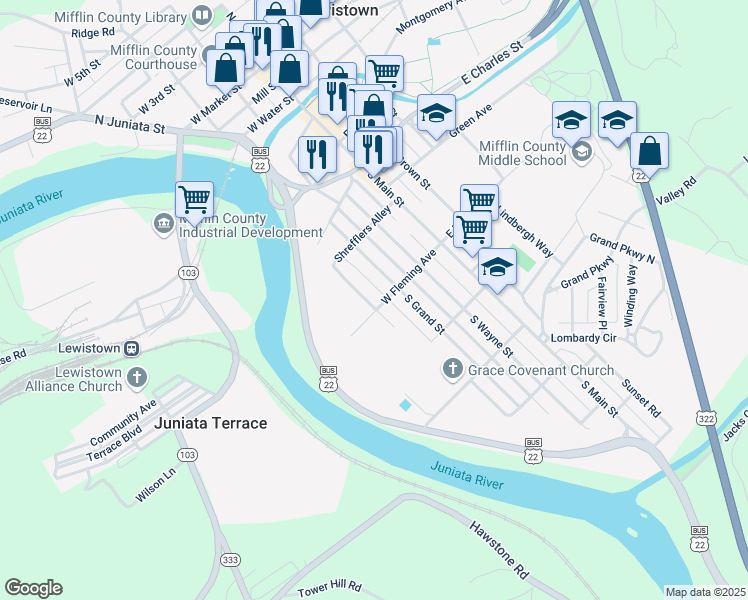 map of restaurants, bars, coffee shops, grocery stores, and more near 461 South Juniata Street in Lewistown