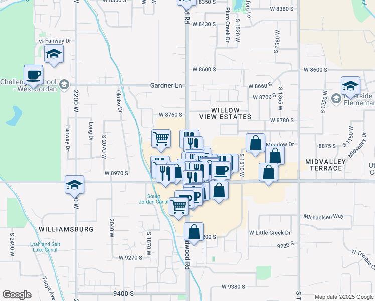 map of restaurants, bars, coffee shops, grocery stores, and more near 8879 Redwood Road in West Jordan