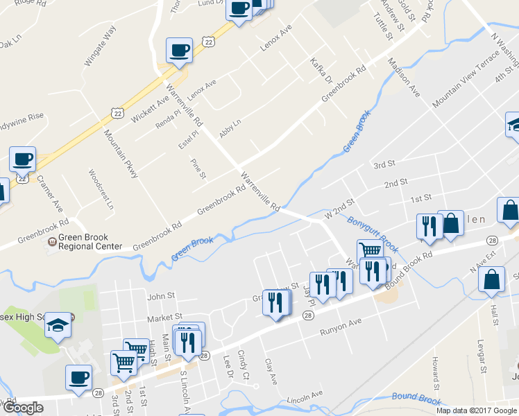 map of restaurants, bars, coffee shops, grocery stores, and more near 103 Warrenville Road in Green Brook Township
