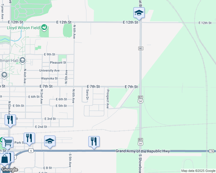 map of restaurants, bars, coffee shops, grocery stores, and more near 1704 East 7th Street in Hastings