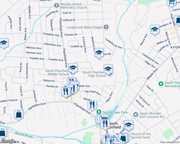 map of restaurants, bars, coffee shops, grocery stores, and more near Lake Street in South Plainfield