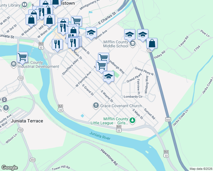 map of restaurants, bars, coffee shops, grocery stores, and more near 606 South Main Street in Lewistown