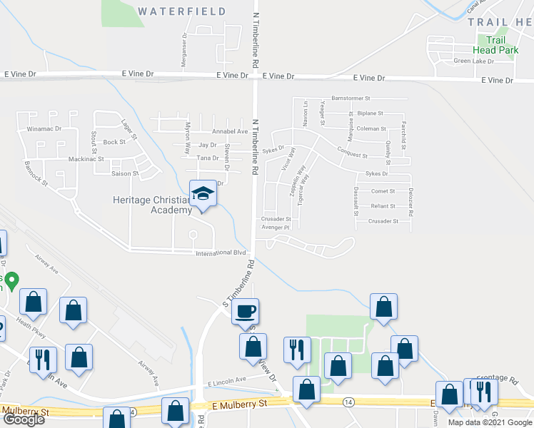 map of restaurants, bars, coffee shops, grocery stores, and more near 315 Skyraider Way in Fort Collins