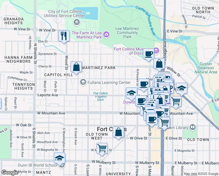 map of restaurants, bars, coffee shops, grocery stores, and more near 226 North Whitcomb Street in Fort Collins