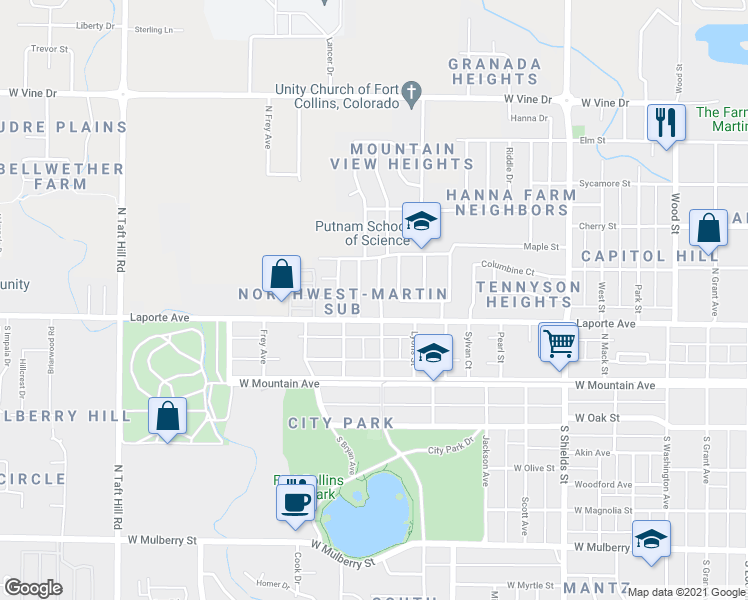 map of restaurants, bars, coffee shops, grocery stores, and more near 212 North Roosevelt Avenue in Fort Collins