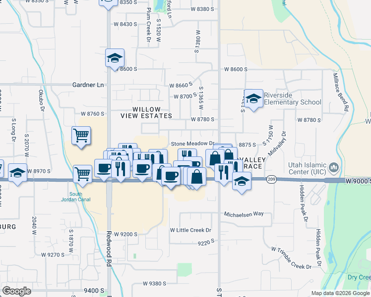 map of restaurants, bars, coffee shops, grocery stores, and more near 1393 Stone Meadow Drive in West Jordan