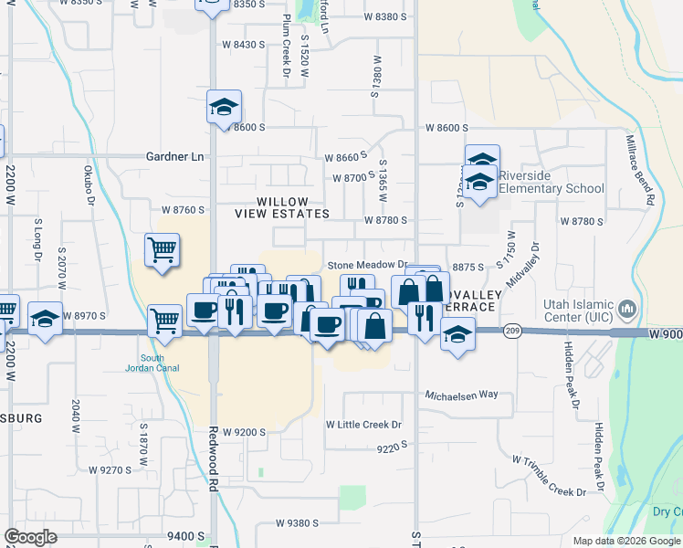 map of restaurants, bars, coffee shops, grocery stores, and more near 1459 Stone Meadow Drive in West Jordan