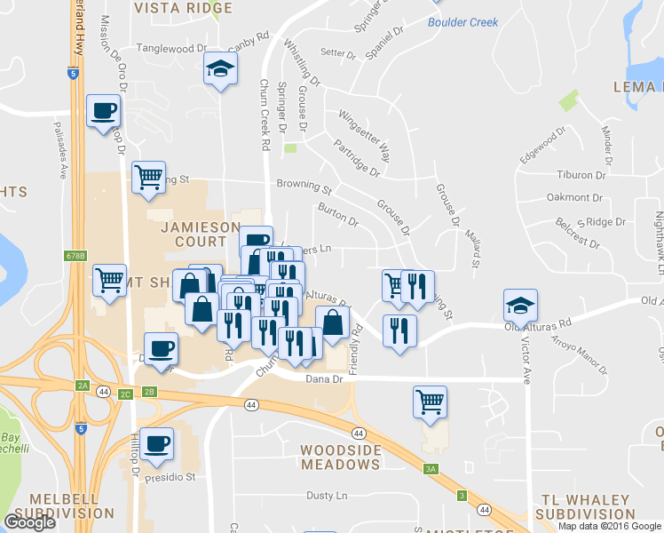 map of restaurants, bars, coffee shops, grocery stores, and more near 1229 Burton Court in Redding