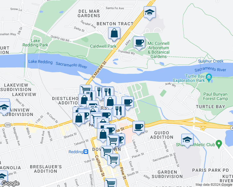 map of restaurants, bars, coffee shops, grocery stores, and more near 1071 Gilbert Street in Redding