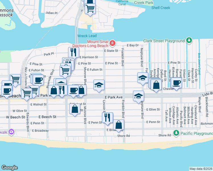 map of restaurants, bars, coffee shops, grocery stores, and more near 426 East Market Street in Long Beach