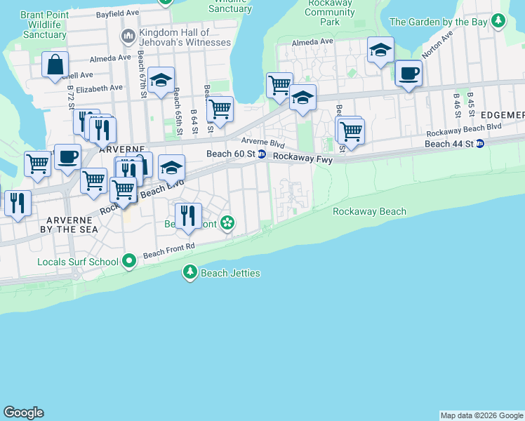 map of restaurants, bars, coffee shops, grocery stores, and more near 125 Beach 60th Street in Queens