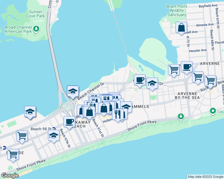map of restaurants, bars, coffee shops, grocery stores, and more near 3-46 Beach 87th Street in Queens
