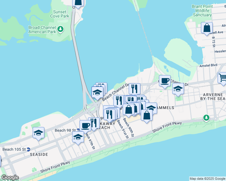 map of restaurants, bars, coffee shops, grocery stores, and more near 89-4 Beach Channel Drive in Queens