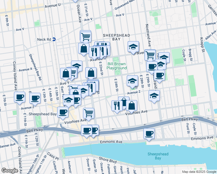 map of restaurants, bars, coffee shops, grocery stores, and more near 2538 East 23rd Street in Brooklyn