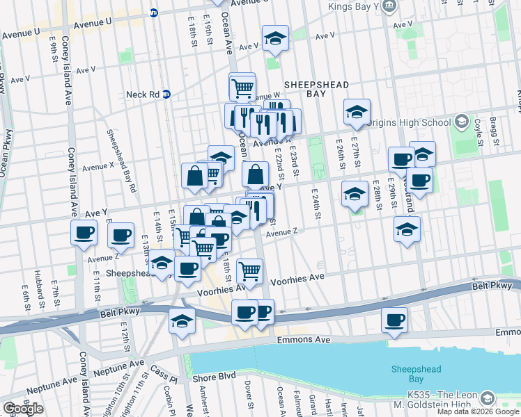 map of restaurants, bars, coffee shops, grocery stores, and more near 2555 East 21st Street in Brooklyn