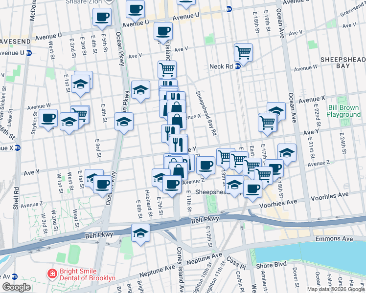 map of restaurants, bars, coffee shops, grocery stores, and more near 2733 Coney Island Avenue in Brooklyn