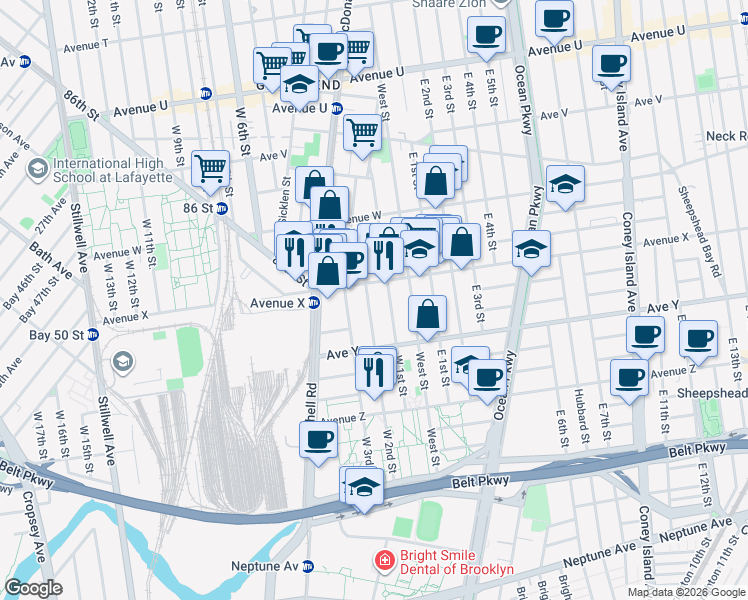 map of restaurants, bars, coffee shops, grocery stores, and more near 2415 West 1st Street in Brooklyn