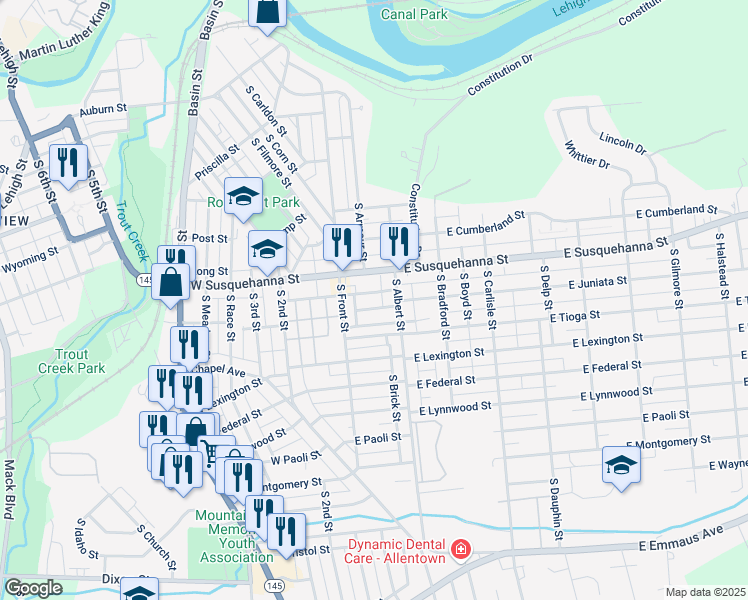 map of restaurants, bars, coffee shops, grocery stores, and more near 38 East Adams Street in Allentown