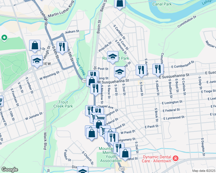 map of restaurants, bars, coffee shops, grocery stores, and more near 312 West Susquehanna Street in Allentown