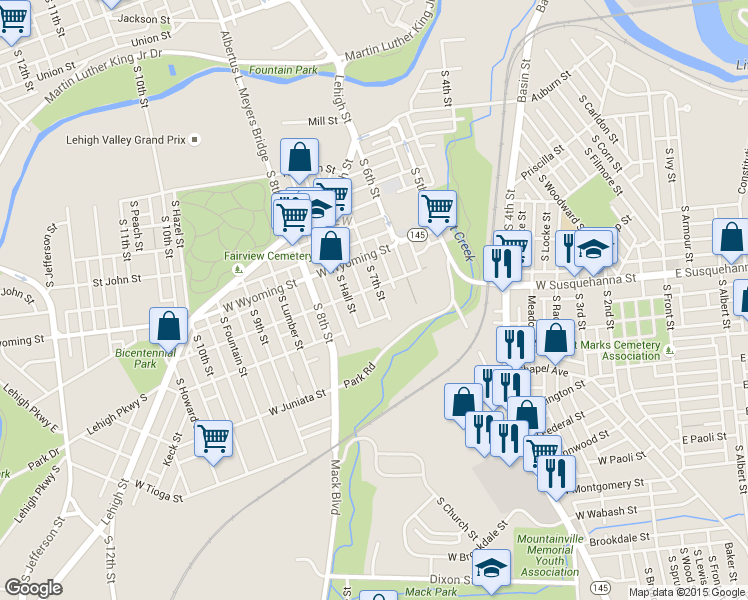 map of restaurants, bars, coffee shops, grocery stores, and more near 1111 South 7th Street in Allentown