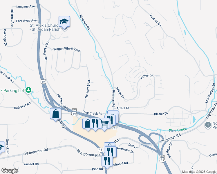 map of restaurants, bars, coffee shops, grocery stores, and more near 9915 Willow Drive in Wexford