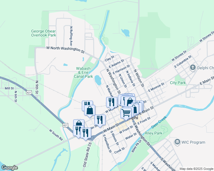 map of restaurants, bars, coffee shops, grocery stores, and more near 511 North Market Street in Delphi