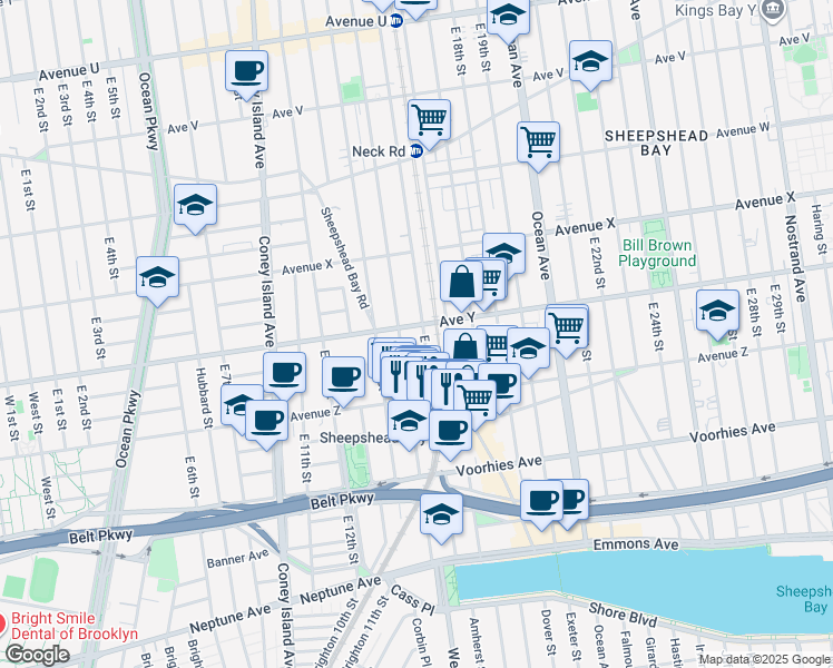 map of restaurants, bars, coffee shops, grocery stores, and more near 2507 East 15th Street in Brooklyn