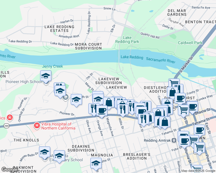 map of restaurants, bars, coffee shops, grocery stores, and more near 849 West Street in Redding