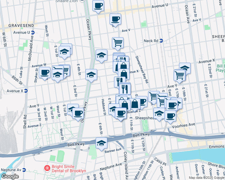 map of restaurants, bars, coffee shops, grocery stores, and more near 717 Dunne Court in Brooklyn