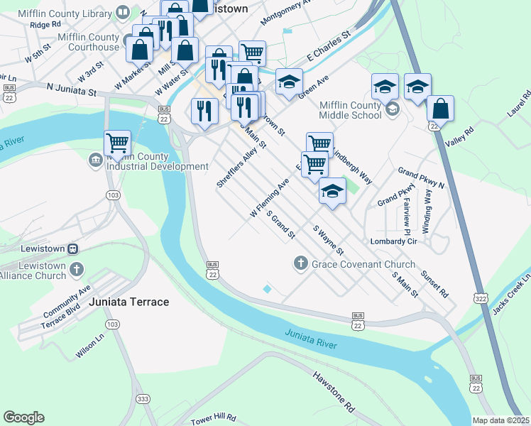 map of restaurants, bars, coffee shops, grocery stores, and more near 504 South Grand Street in Lewistown