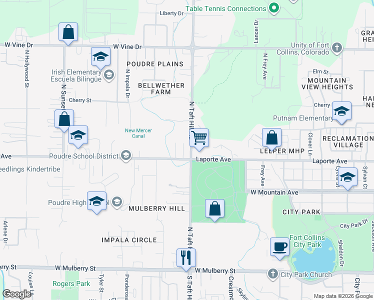map of restaurants, bars, coffee shops, grocery stores, and more near 209 North Taft Hill Road in Fort Collins