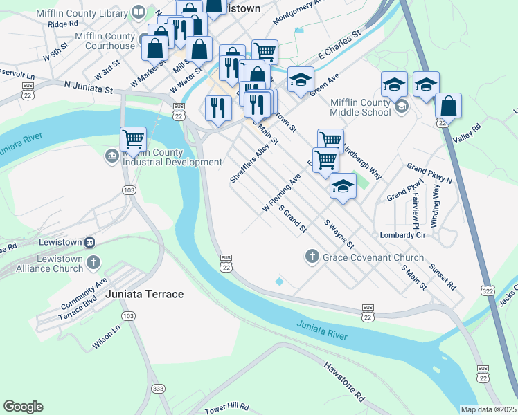 map of restaurants, bars, coffee shops, grocery stores, and more near 461 South Juniata Street in Lewistown
