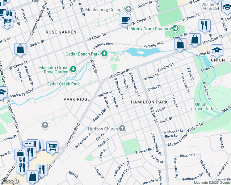 map of restaurants, bars, coffee shops, grocery stores, and more near 2540 Walnut Street in Allentown