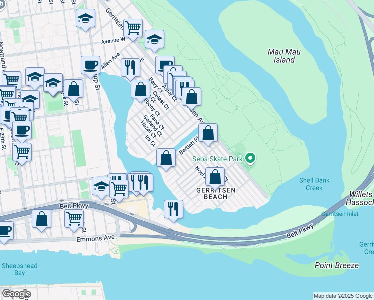 map of restaurants, bars, coffee shops, grocery stores, and more near 53 Bartlett Place in Brooklyn