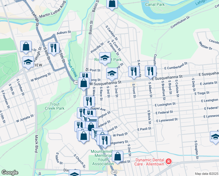 map of restaurants, bars, coffee shops, grocery stores, and more near 1215 South 3rd Street in Allentown