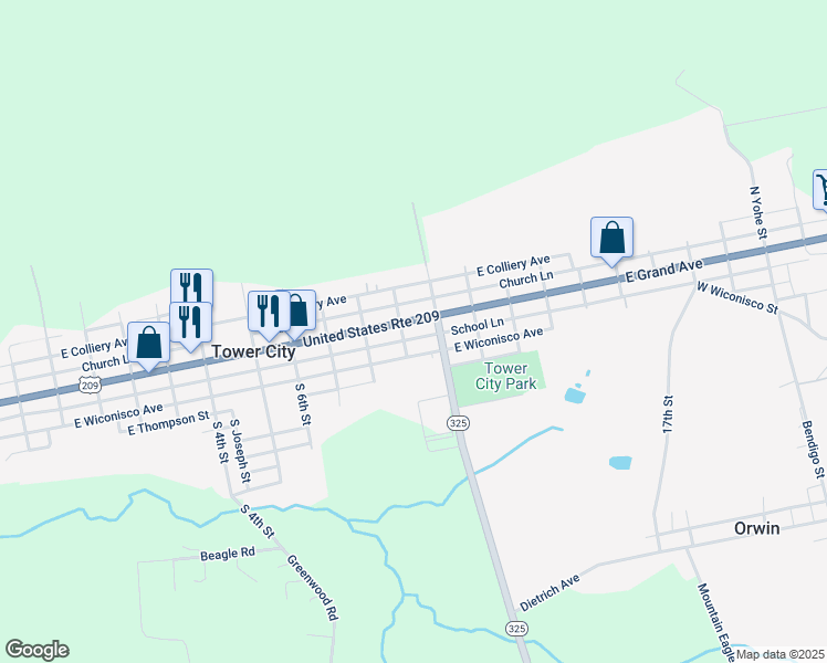 map of restaurants, bars, coffee shops, grocery stores, and more near 912 East Grand Avenue in Tower City