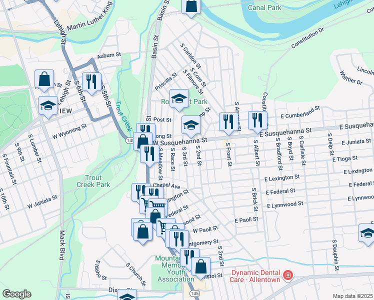 map of restaurants, bars, coffee shops, grocery stores, and more near 1215 South 3rd Street in Allentown