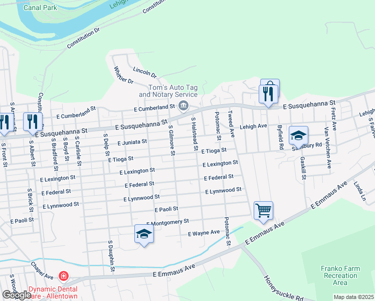 map of restaurants, bars, coffee shops, grocery stores, and more near 727 East Tioga Street in Allentown