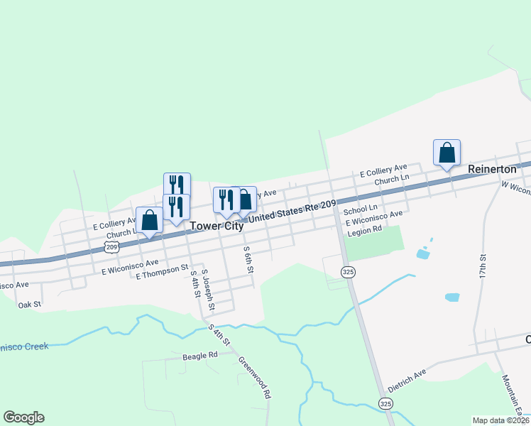 map of restaurants, bars, coffee shops, grocery stores, and more near 701 East Grand Avenue in Tower City