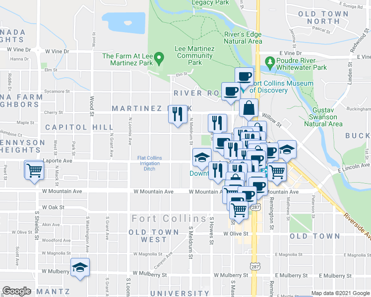 map of restaurants, bars, coffee shops, grocery stores, and more near 219 North Meldrum Street in Fort Collins