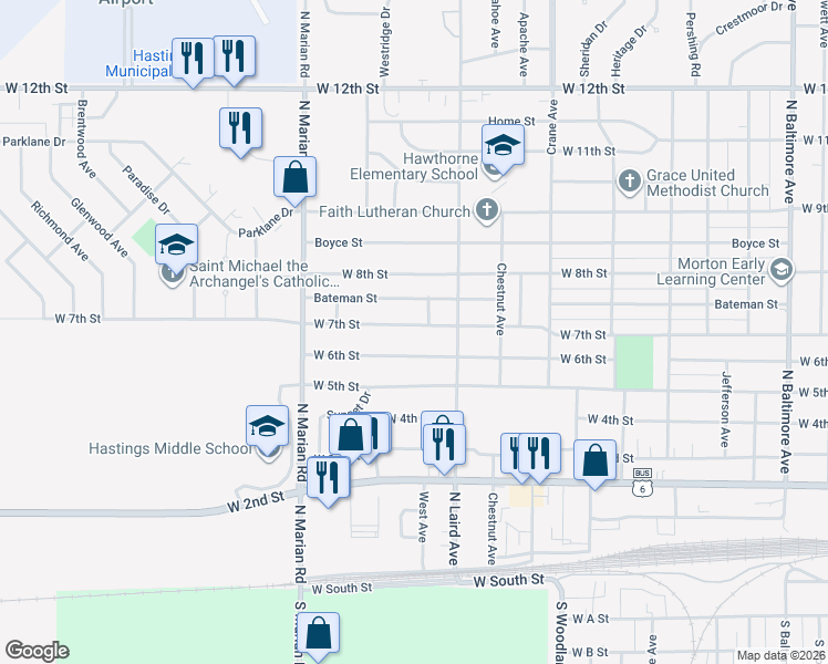 map of restaurants, bars, coffee shops, grocery stores, and more near 2411 West 7th Street in Hastings