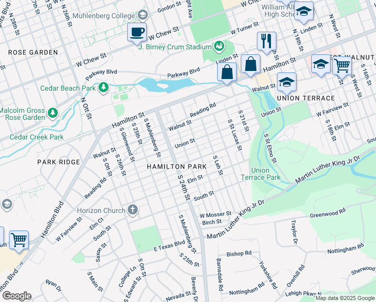 map of restaurants, bars, coffee shops, grocery stores, and more near 213 South Berks Street in Allentown