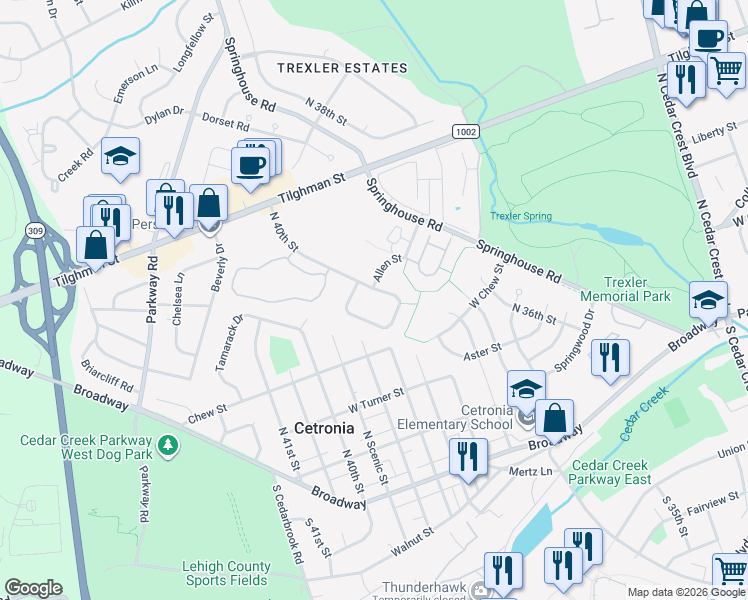 map of restaurants, bars, coffee shops, grocery stores, and more near 530 North 40th Street in Allentown