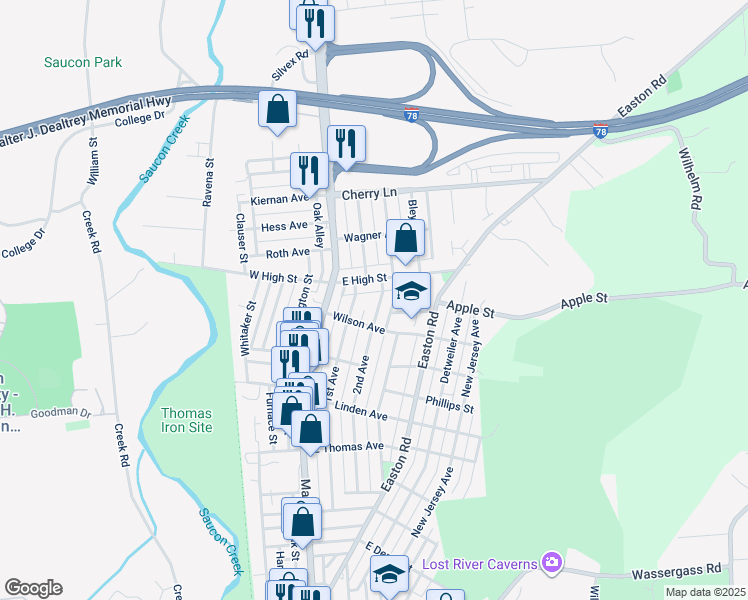 map of restaurants, bars, coffee shops, grocery stores, and more near 1438 2nd Avenue in Hellertown