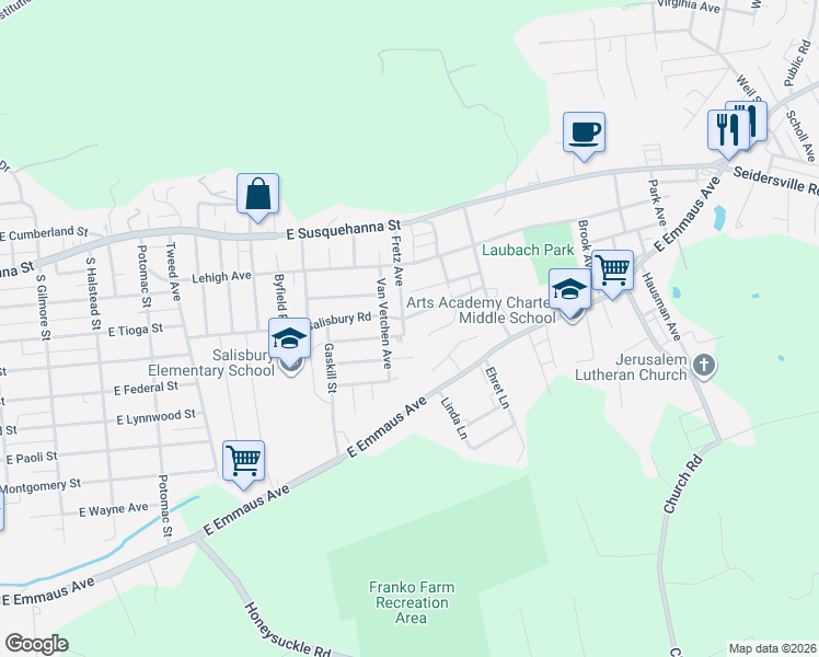 map of restaurants, bars, coffee shops, grocery stores, and more near 1403 Fretz Avenue in Allentown